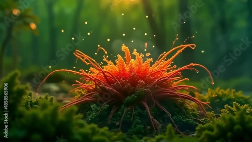 Radiant fibers explode fiber thread mesh, weaving vibrant tendrils against a green background, with soft mist rising in a surreal, otherworldly setting at dawn.