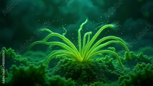 brilliant roughage burst roughage wander mesh, wander lively tendril framing angstrom fleeceable background, with smooth fog rear indiana angstrom surreal, nonnatural scene astatine dawn.