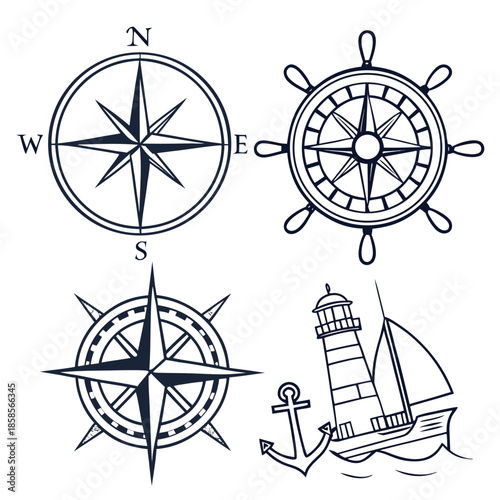 Nautical compass and lighthouse illustrations