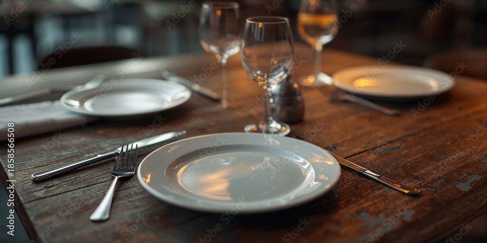 Fototapeta premium Unoccupied table setting with utensils on wood surface suitable for layout design