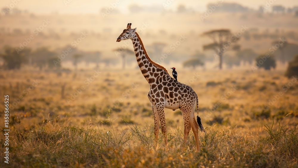 Fototapeta premium Solitary giraffe and oxpecker on savanna, illustrating species relationship in wildlife photography