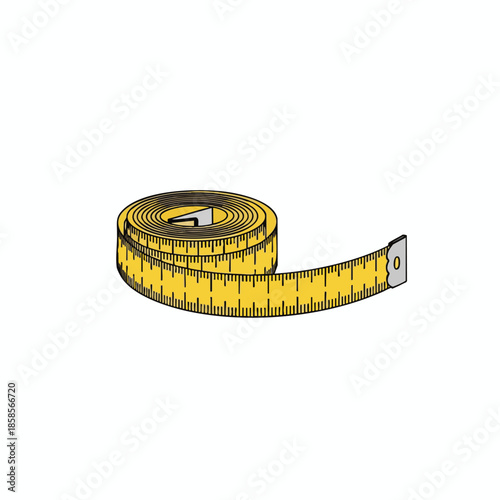 A yellow measuring tape, partially unrolled, with measurement marks, isolated on white