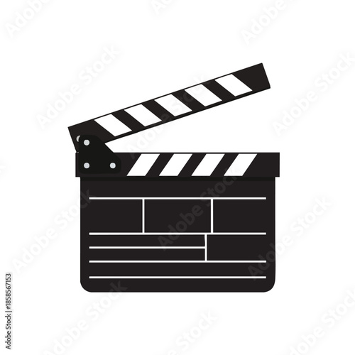 A black film clapperboard is partially open against a white background