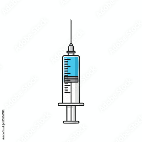 A stylized syringe with clear tube, filled with blue liquid and needle