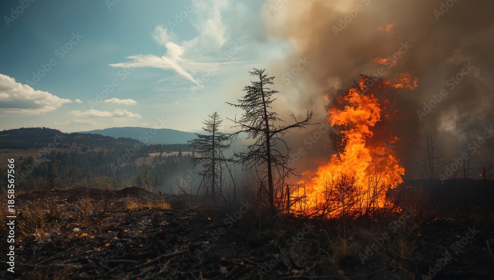Fototapeta premium A wildfire consuming the forest floor with scorched grass and leaves, emphasizing wildfire prevention measures