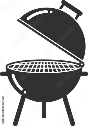 Simple black and white illustration of an open charcoal barbecue grill