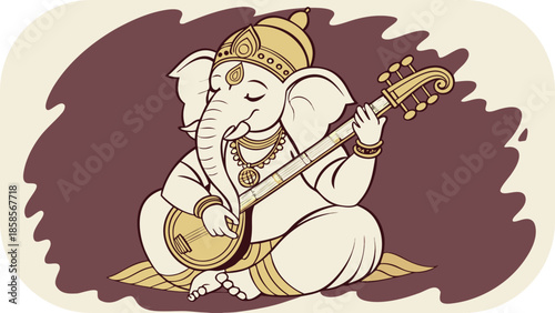 Indian Deity Ganesha Playing Sitar Instrument with Eyes Closed in Traditional Attire elephant Hindu