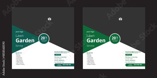Lawn and garden service social media square banner design. Lawn and Gardening service social media template. Gardening and Landscaping service social media post in green layouts