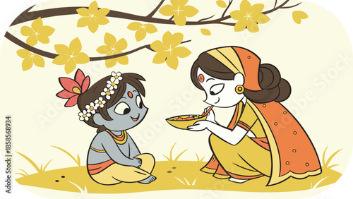 Mother feeding baby Krishna under a tree with yellow flowers and petals Hindu