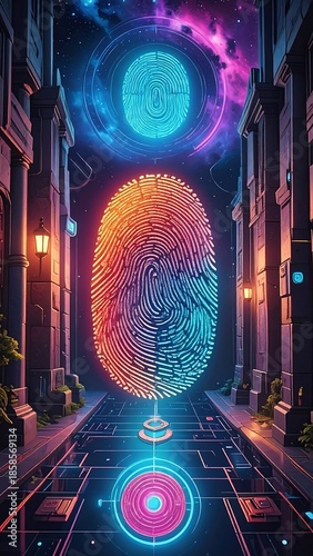 Futuristic cityscape alley, with bioluminescent fingerprint hovering over circuit board road, under cosmic sky