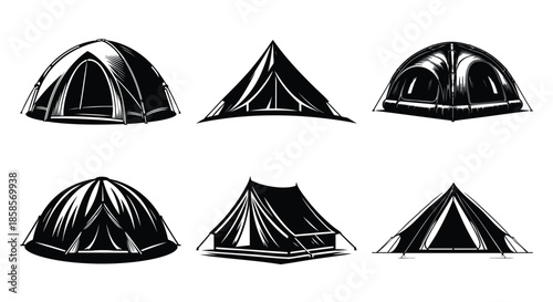 Collection of diverse camping tent illustrations representing various styles for outdoor adventure and travel isolated on white background