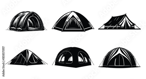 Collection of diverse camping tent illustrations representing various outdoor shelter designs for adventure and travel isolated on white background