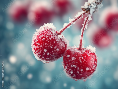 Frozen sweet cherries covered with crystalline white snow and winter frost in magical cold atmosphere