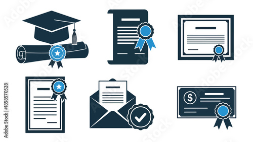 Educational achievements icon set - Blue icon bundle - icon set in line, solid and filled outline style, Minimal Solid Vector icon, App icon,  icon, Editable stroke icon, Modern icon