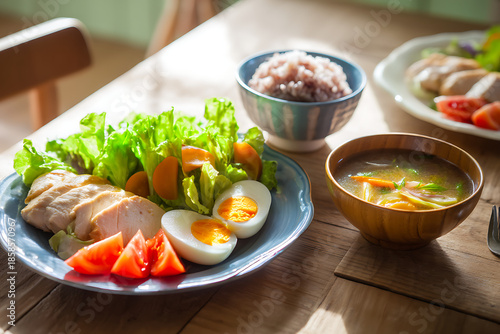 Healthy High Protein Chicken and Salad Japanese Set Meal / 高タンパク低カロリーな鶏むね肉とサラダの健康定食