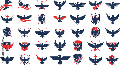 Eagle logo collection, patriotic emblem set, military and sports branding, shield and crown designs, powerful bird symbols, authority and strength icons