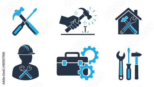 Construction and repair tools icon set - Blue icon bundle - icon set in line, solid and filled outline style, Minimal Solid Vector icon, App icon,  icon, Editable stroke icon, Modern icon