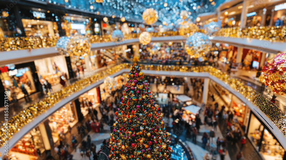 Fototapeta premium People in shopping mall decorated for Christmas and new Year. Discounts, Sales season. Motion blur effect