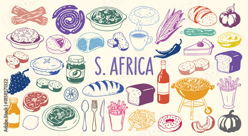 South Africa Icon Set. African Food. A hand drawn vector collection of braai meat, sausage, wine, corn and traditional dishes for a restaurant menu, travel flyer, and cultural guide.