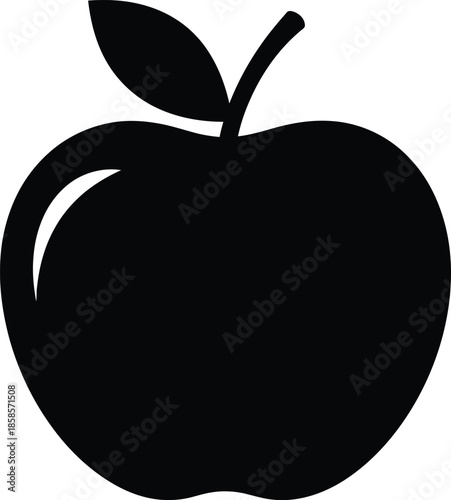 Simple black and white illustration of a single apple with a leaf