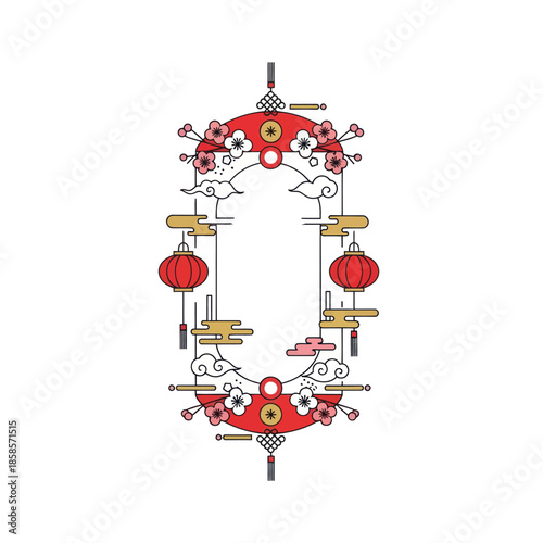 Chinese New Year decoration with red lanterns and cultural motifs.