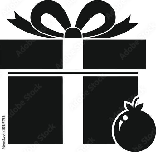 A simple black and white illustration of a gift box with a bow and apple