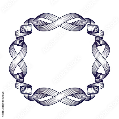 Elegant silver ribbon frame with intertwined design and gemstones.