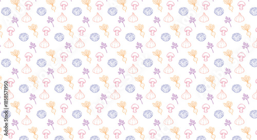 Garlic Seamless Pattern. Vegetable Background. A vector texture of pastel garlic bulbs, cloves and abstract herbs for kitchen wallpaper, fabric print, and food packaging design.