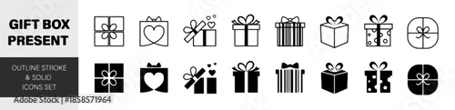 Gift Box and Present Icon Set Featuring Outline Stroke and Solid Designs Perfect for Various Occasions Including Celebrations Birthdays Holidays and Special Events