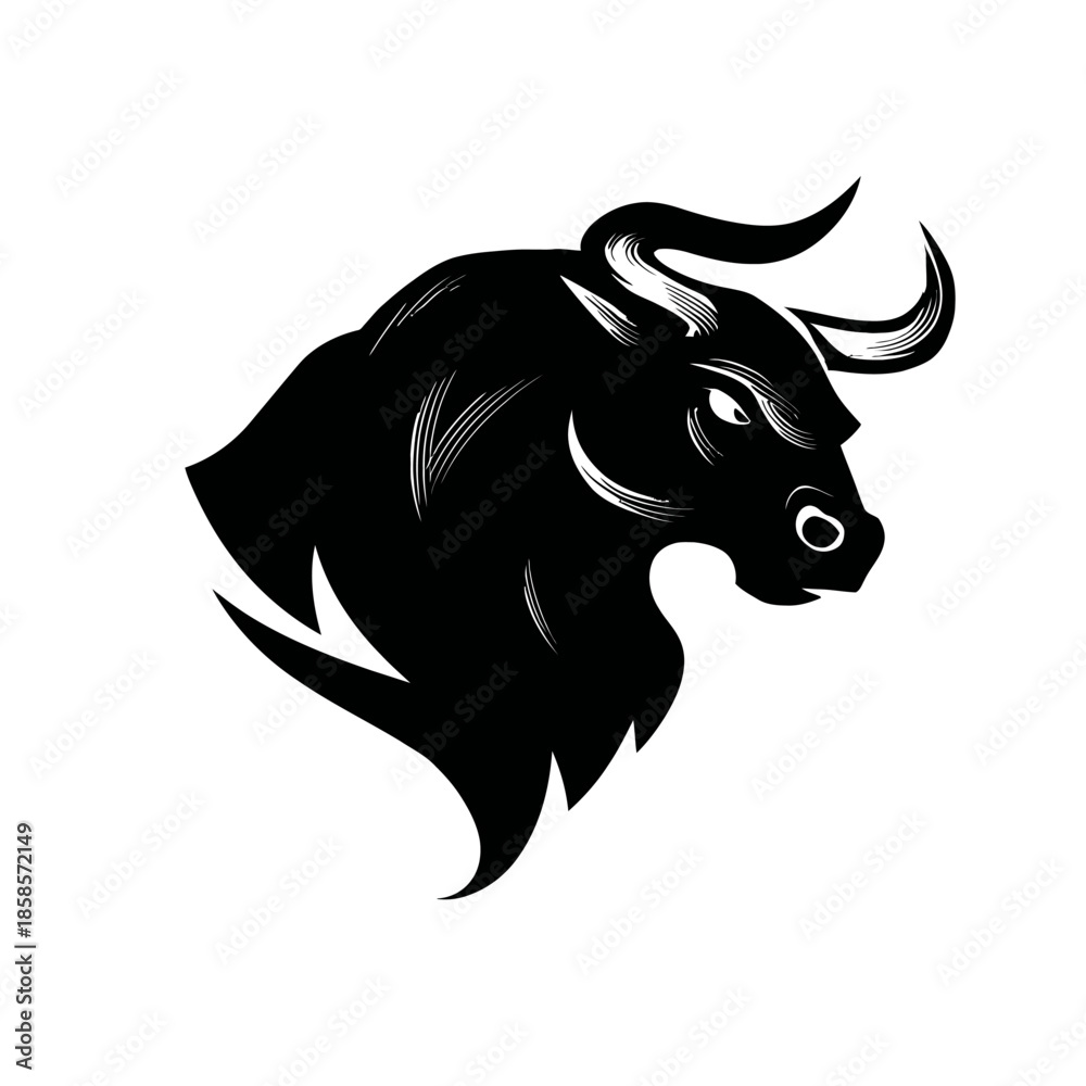 Fototapeta premium Bold silhouette of a bull head with horns against a white background