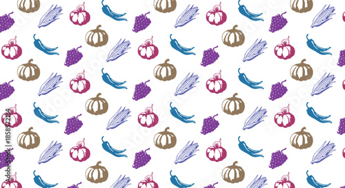 Vegetable Seamless Pattern. Farm Food Background. A vector texture of chili peppers, corn cobs, onions and garlic for kitchen wallpaper, textile print, and organic grocery branding.