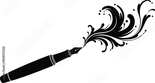 Elegant fountain pen emitting swirling ink a classic writing instrument design