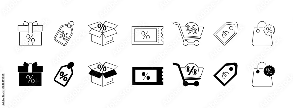 Fototapeta premium Discount and sale icon set. Price tags and promotion, line and solid style shopping symbols.