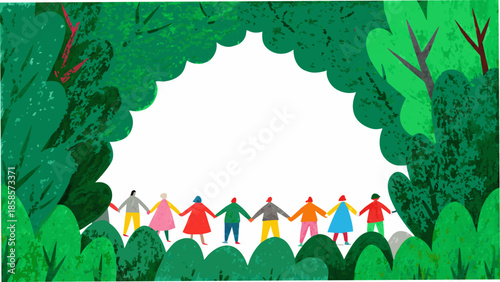 A group of people holding hands surrounded by lush green foliage