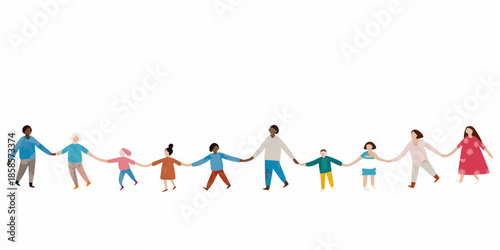 Diverse group of people holding hands in a line symbolizing unity