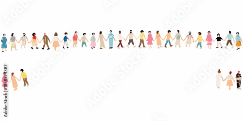A diverse group of people holding hands in a long line with two individuals below