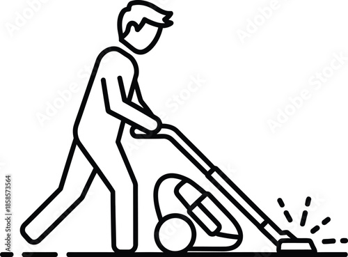 A simple line drawing depicting a person vacuuming the floor indoors