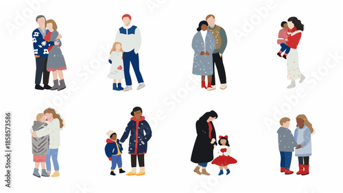 Stylized illustrations of diverse families embracing and connecting with each other
