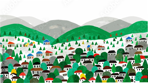 Charming hillside village nestled among lush green mountains a colorful illustration