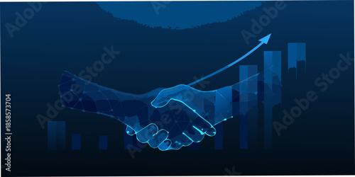 Digital handshake with rising graph representing successful business deals and partnerships