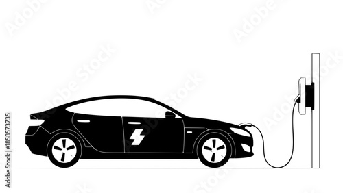 Electric car vector illustration, modern flat design, eco friendly concept, electric vehicle charging at home, clean lines, minimal background, soft colors, renewable energy theme