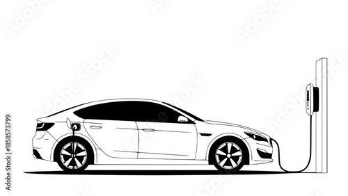 Electric car vector illustration, modern flat design, eco friendly concept, electric vehicle charging at home, clean lines, minimal background, soft colors, renewable energy theme