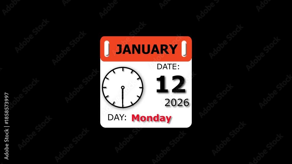 Date and day animation. 12 January month Monday visual. 2026 calendar ...