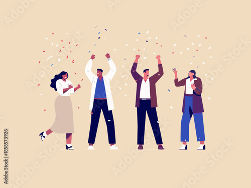 Celebrating success joyful people with raised arms amidst falling confetti