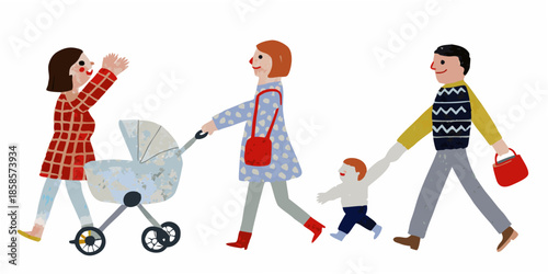 A family of four walking together including a baby in a stroller