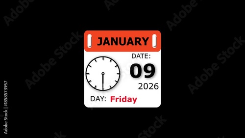 Date and day animation. 9 January month Friday visual. 2026 calendar and creating a stunning video. 4k video.