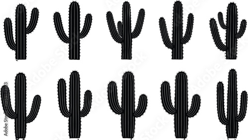 Set of saguaro cactus silhouettes for desert landscape design, succulent plant icons cad drawing flat vector illustration, southwest nature and wild west symbols.