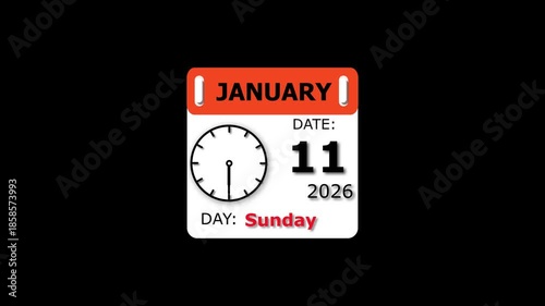 Date and day animation. 11 January month Sunday visual. 2026 calendar and creating a stunning video. 4k video.