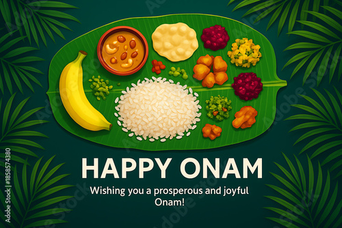 A vibrant onam sadhya spread displayed beautifully on a banana leaf wishing a joyful celebration