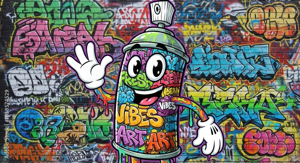 Obraz premium Cartoon aerosol container mascot cheerfully waves against a densely decorated brick wall surface
